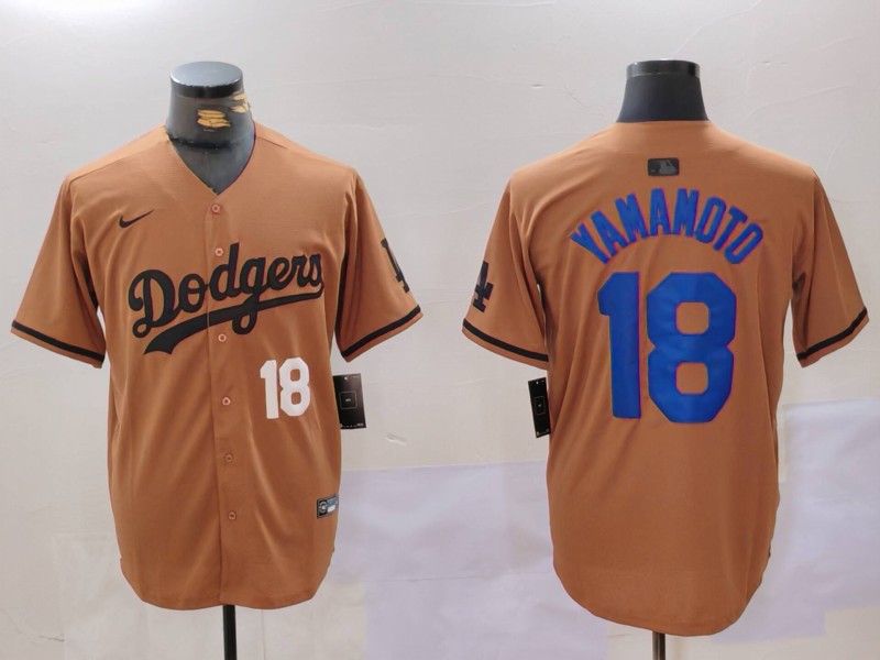 Men Los Angeles Dodgers #18 Yamamoto army green joint name 2024 Nike MLB Jersey style 2